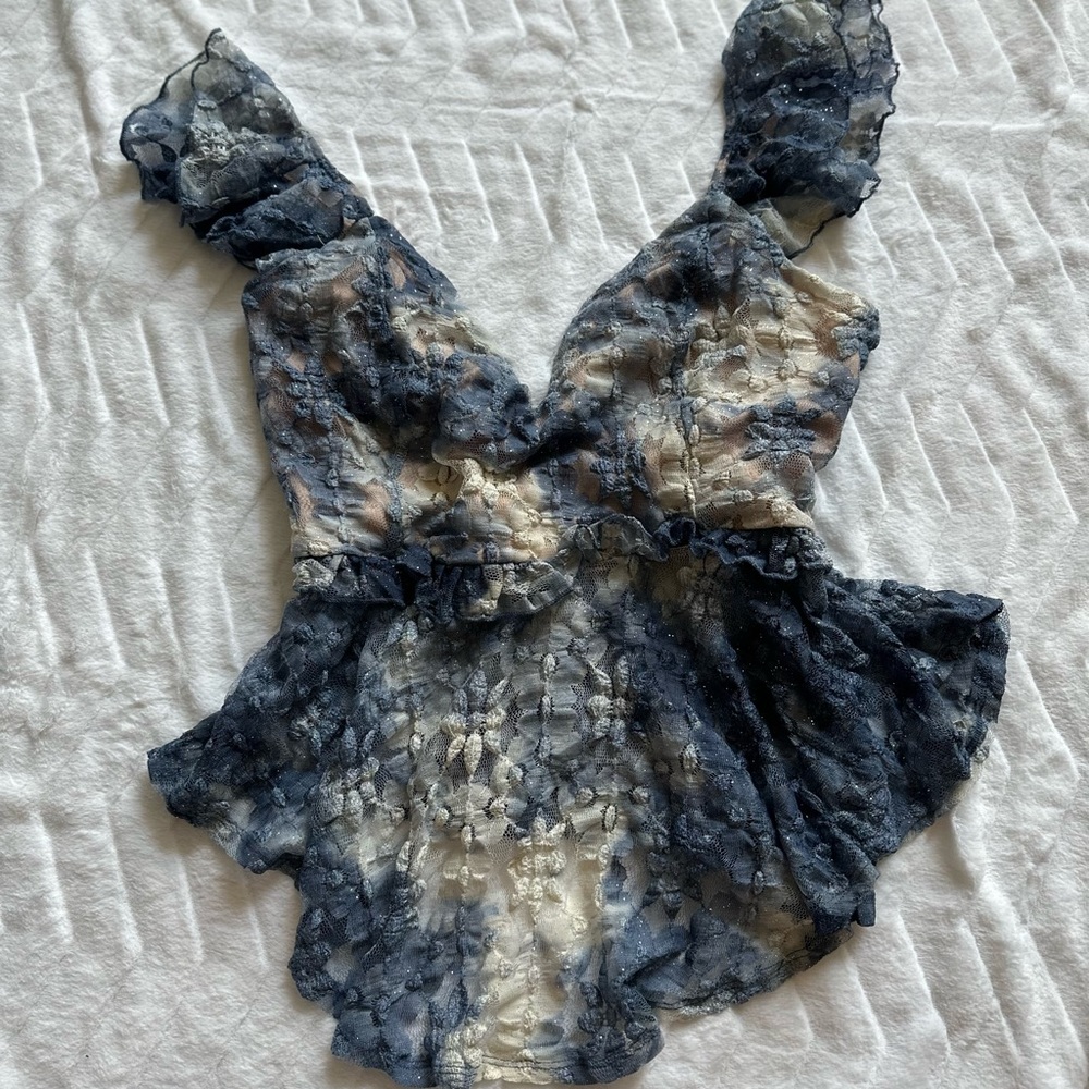 Absolute Angel Lace Blouse in Blue and Cream